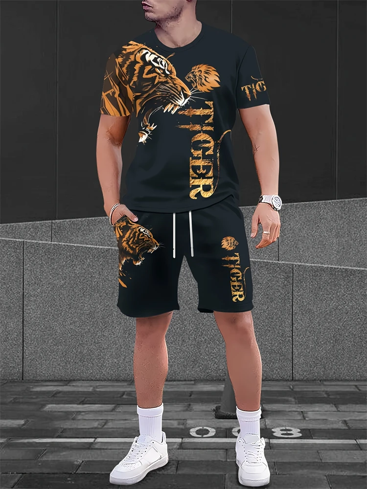 2025 new men's summer short sleeved T-shirt set with animal eagle print personalized shorts casual outdoor set