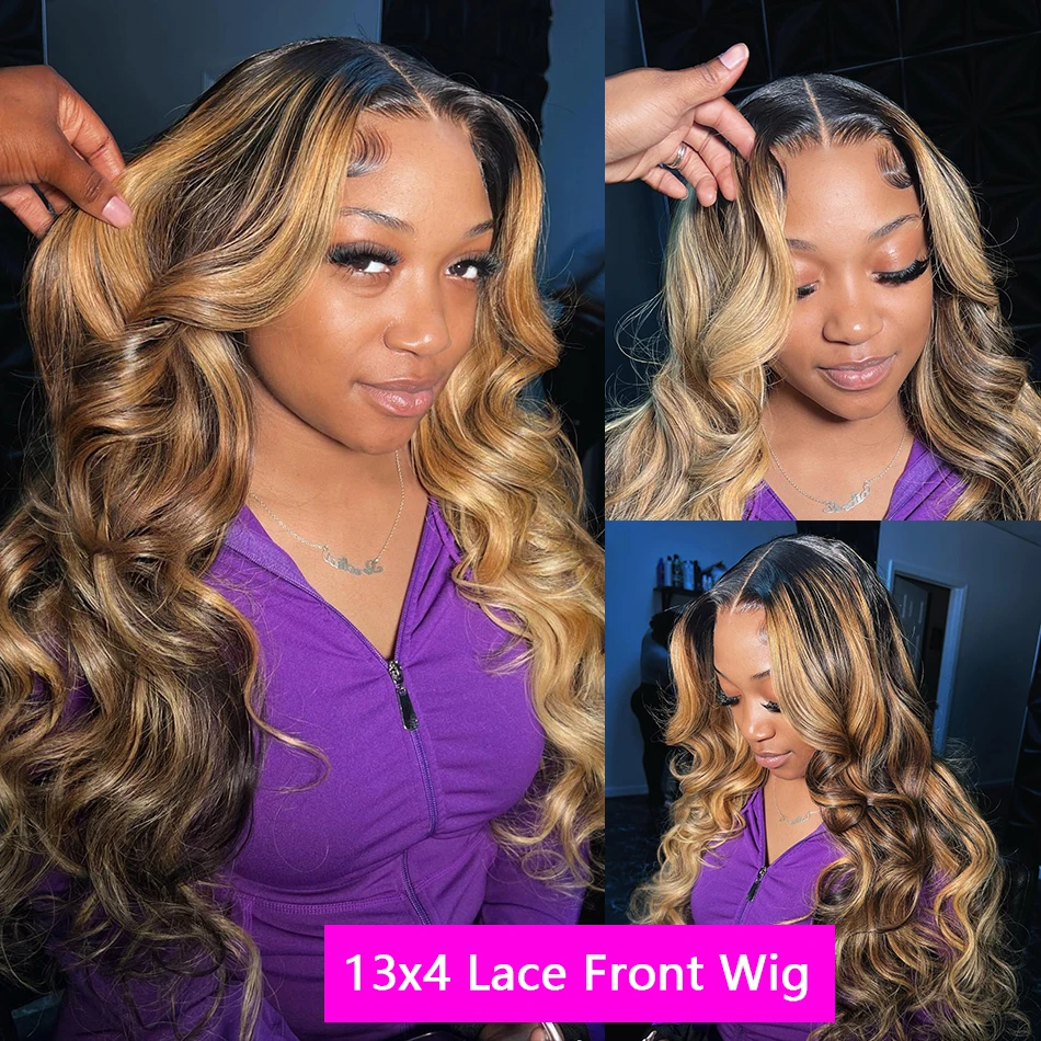 Perruque Lace Front Wig Body Wave brésilienne naturelle, cheveux blonds, 13x6 HD, sans colle, à reflets, pour femmes