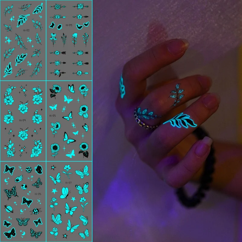 6 pieces of glow-in-the-dark temporary tattoo stickers, blue flowers and butterflies, long-lasting, waterproof, hypoallergenic