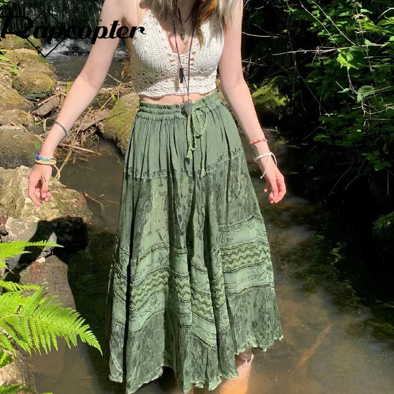 

Y2K Vintage Printed Long Skirts 2024 Summer Women High Waist Midi Skirt Casual Loose Pleated Skirt Female Beach Vacation Bottom