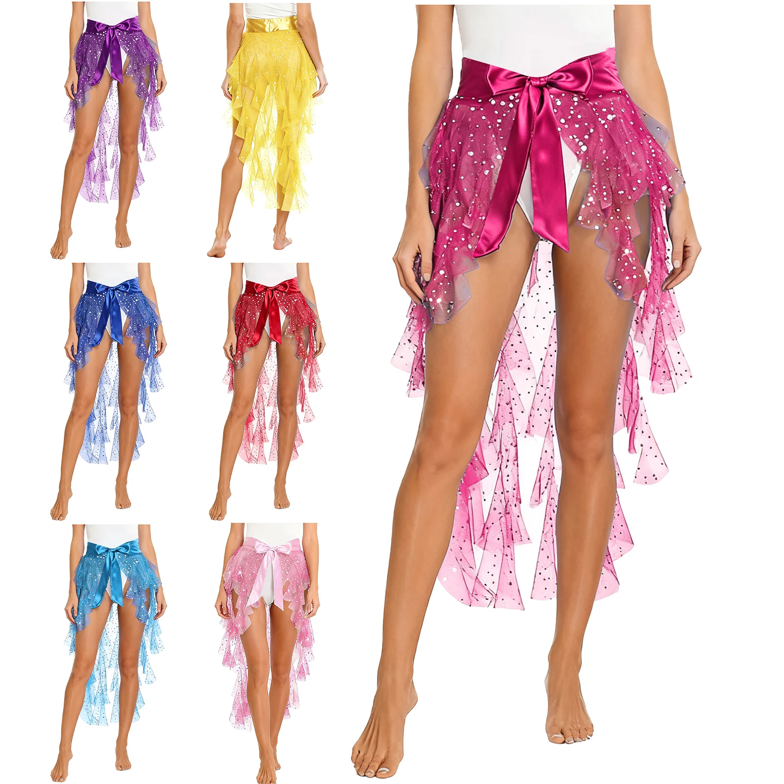 Women Sheer Tulle Belly Dance Hip Scarf Ruffles Sequin Tiered Split Hem Satin Belt Waist Skirt Chacha Latin Tango Dance Costume