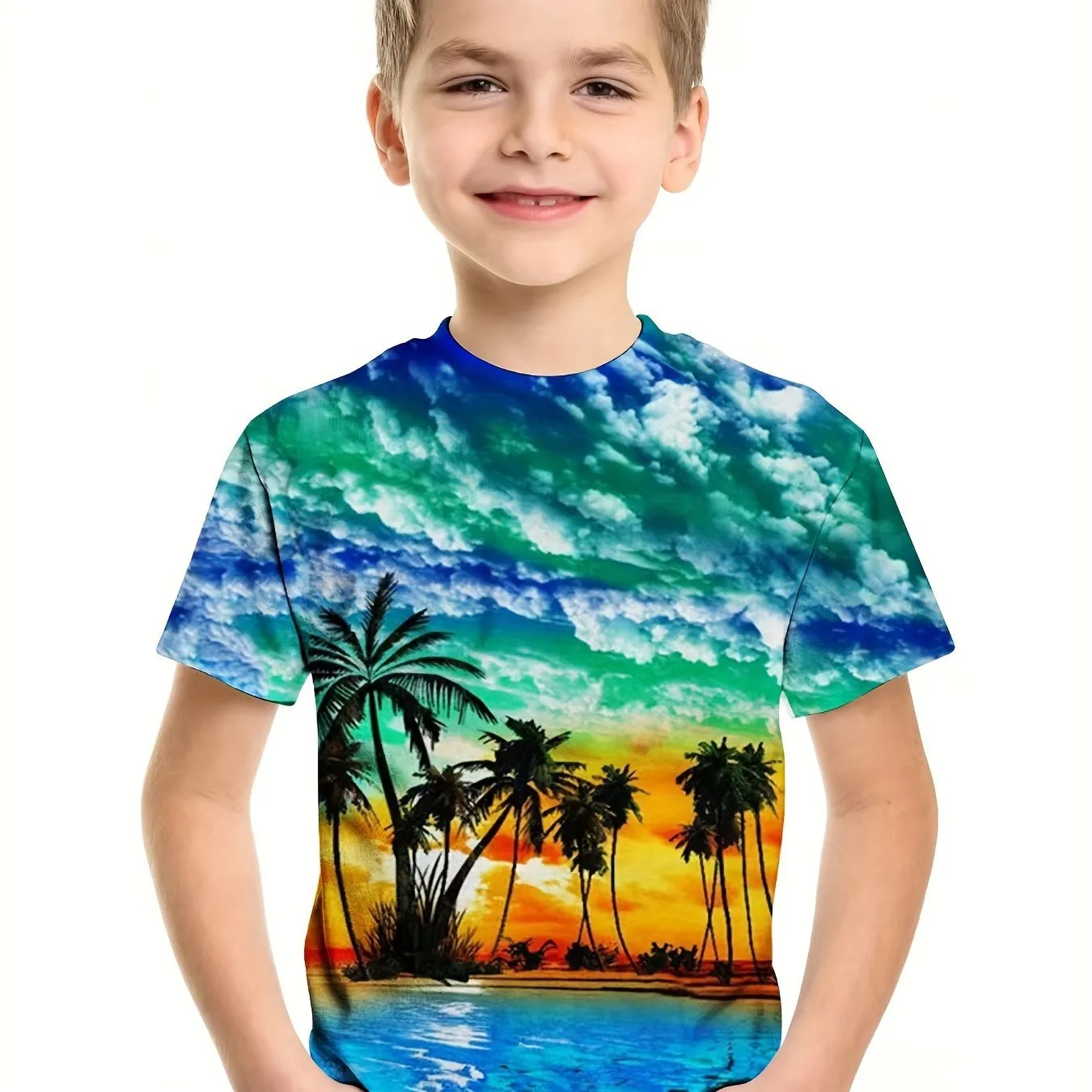 Boy's Hawaiian T-Shirt Vacation Kids Round Neck Tees Tops Beach Casual Soft Comfortable Breathable Summer Children's Clothing