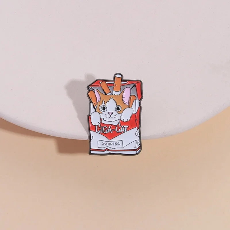 Anime Warning Kitten Brooch Cartoon Cat in Cigarette Box Enamel Pins Backpack Lapel Badges Animal Jewelry Gift for Kids Friends