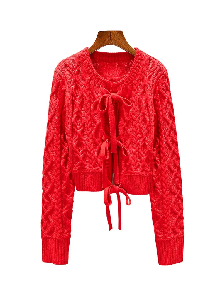 كارديجان محبوك مفتوح أنيق بحزام وعقدة فراشة للنساء، تصميم أوروبي راقي لفصل الربيع، نمط بسيط وقصير