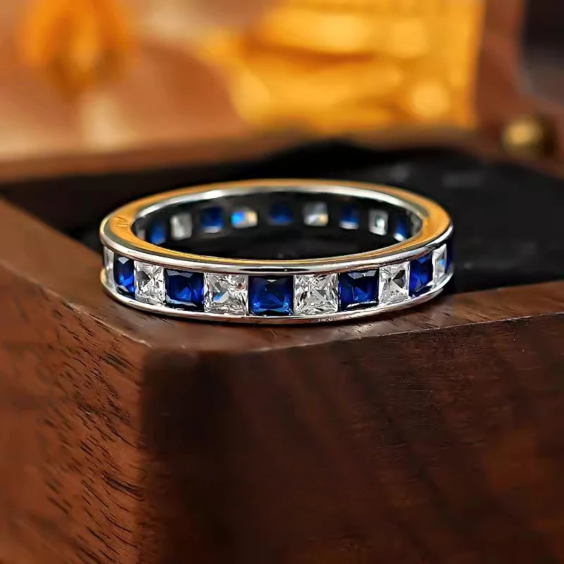 925 silver ring, light luxury artificial blue treasure diamond ring, track inlaid commuting daily style, female niche, simple