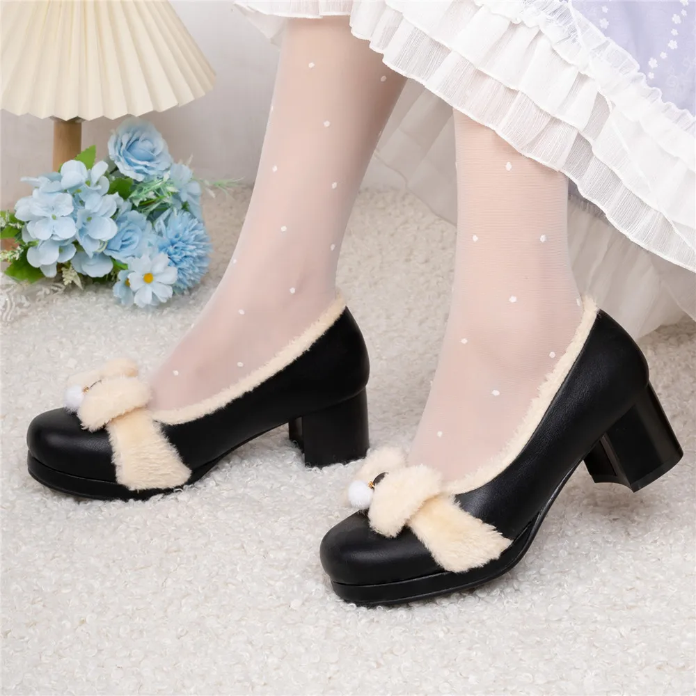 2023 Autumn Winter Woman Med Heel Lolita Shoes Faux Fur Cute Bow Mary Jane Pumps Bride Wedding Cosplay Party Beige Pink Black