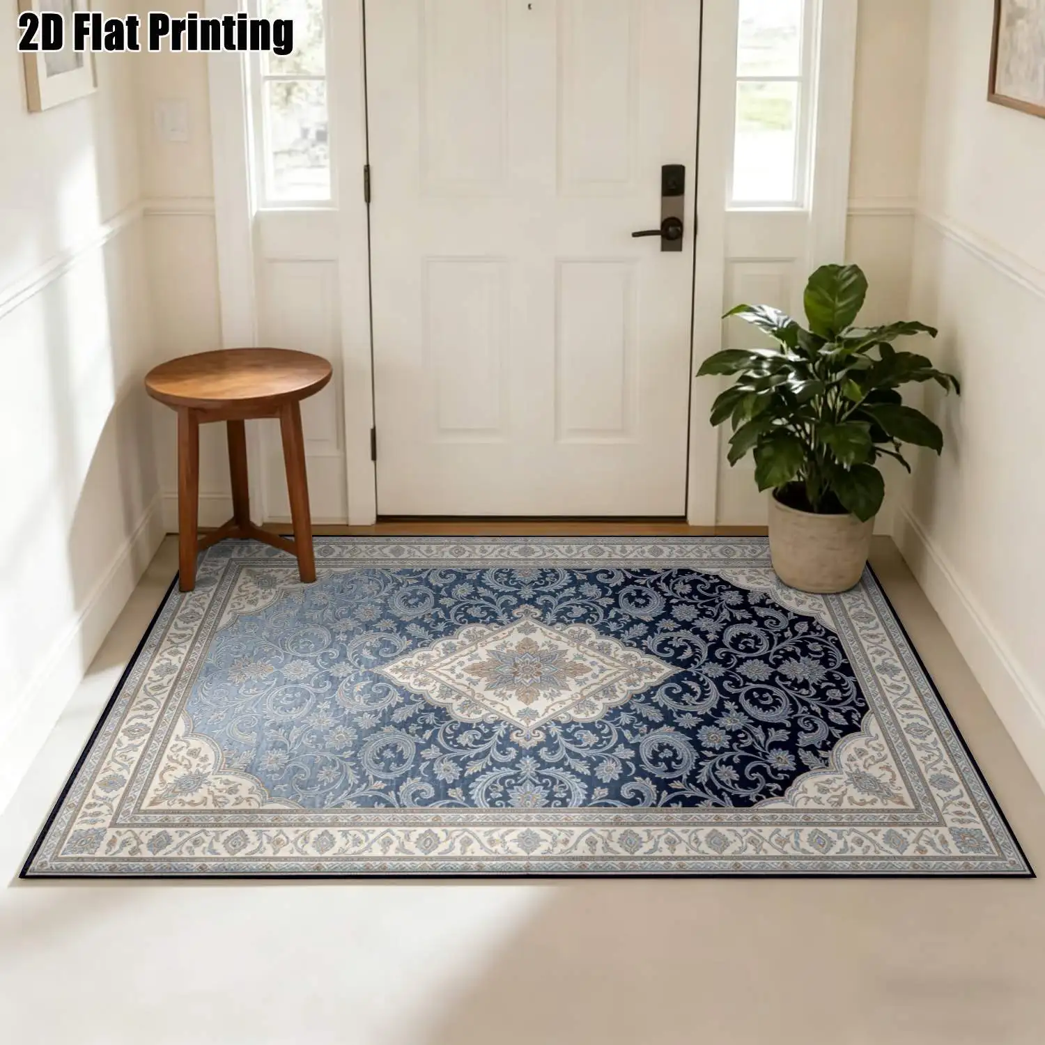 1Pc 2D Printed Carpet: Blue-Grey Scrolling Flower, European Vintage Minimalist Style, Home Decor, Multi-Size, Machine Washable, Multi-Scene Use