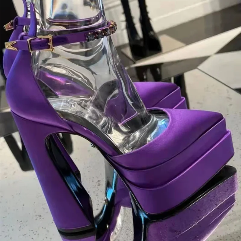 

Summer Women New Purple Buckle Satin Platform Sandals Ladies Big Size Luxury Pointed Toe Shoes Fashion Chunky High Heel Sandals