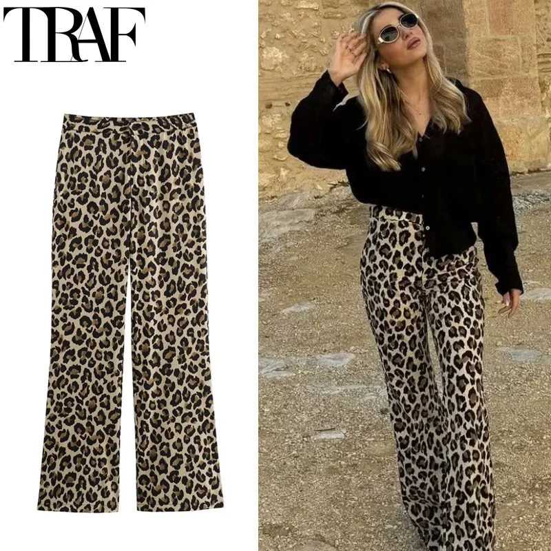 TRAF Vintage Leopard Pants Women High Waist Animal Print Baggy Pants Woman Streetwear Summer Wide Pants Retro Women\'s Trousers