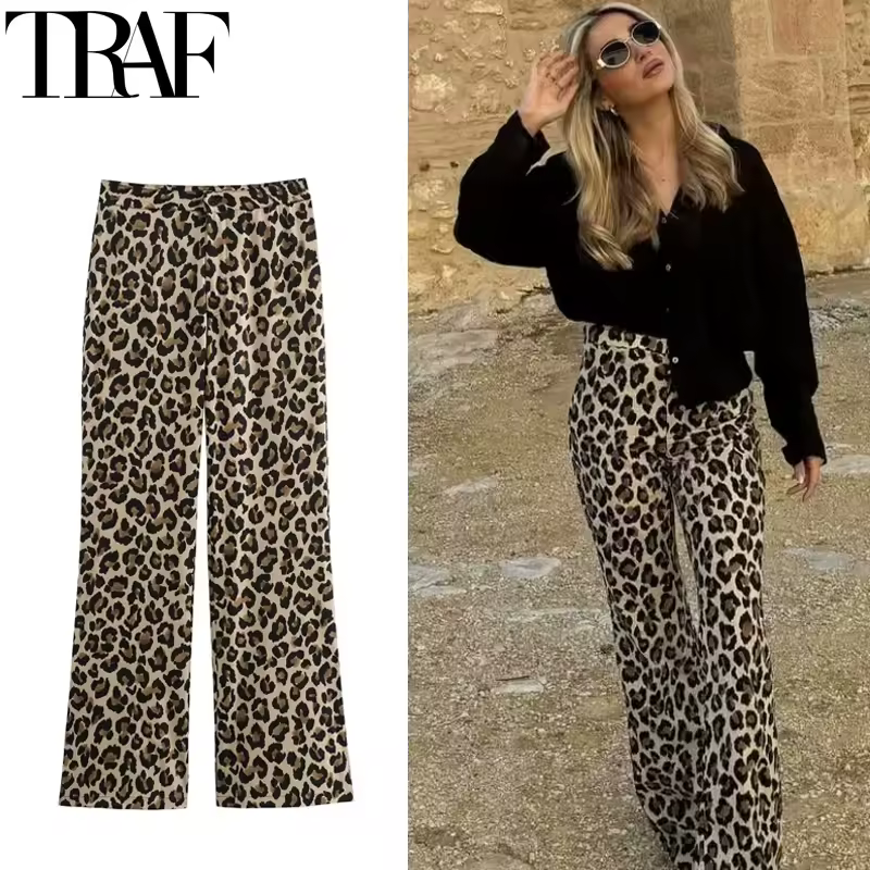 Traf vintage leopardo calças femininas cintura alta animal impressão calças largas mulher streetwear verão calças largas retro calças femininas