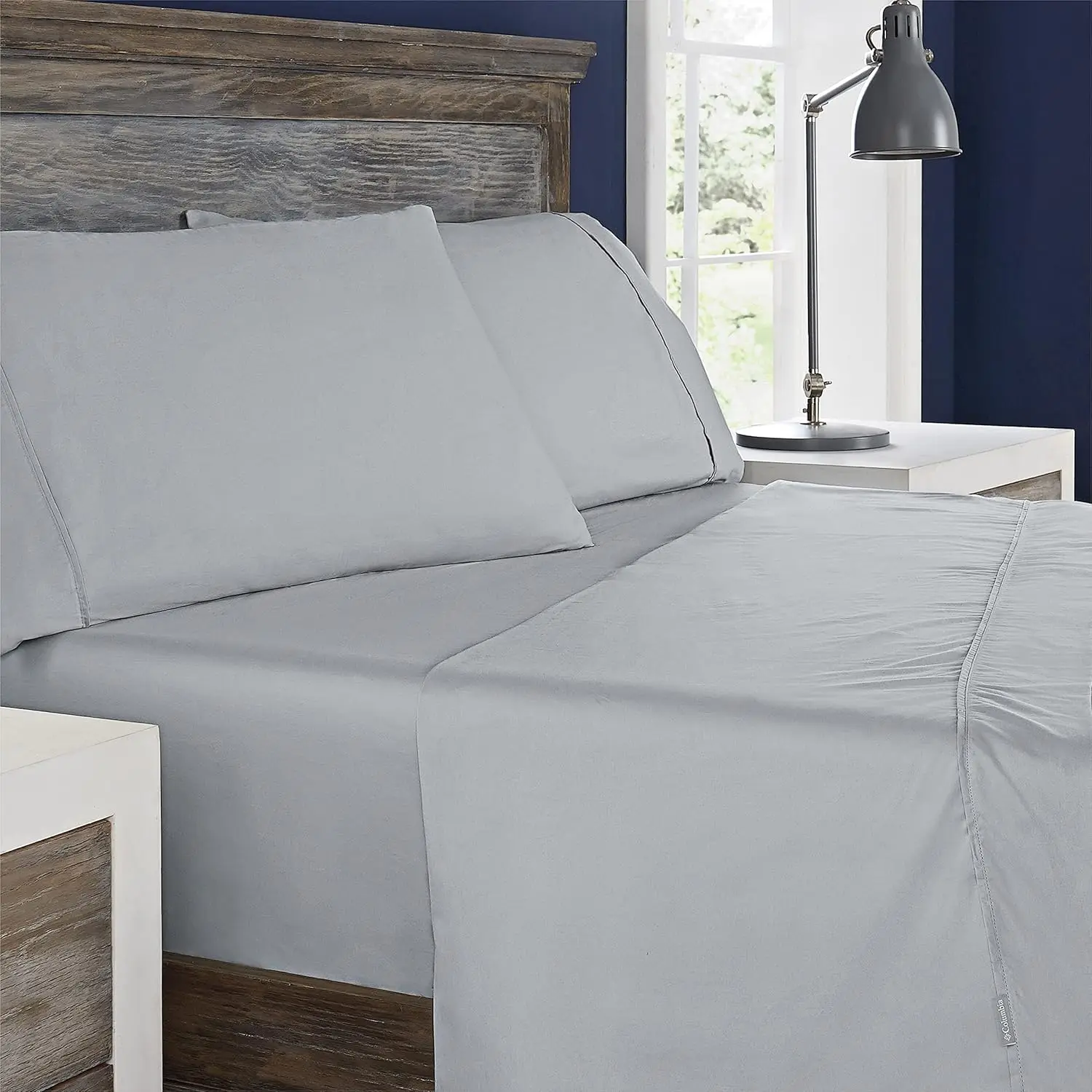 Columbia Queen Juego de sábanas Omni Freeze Grey de 4 piezas, satén súper suave y refrescante, ropa de cama transpirable de 300TC con tecnología que absorbe la humedad