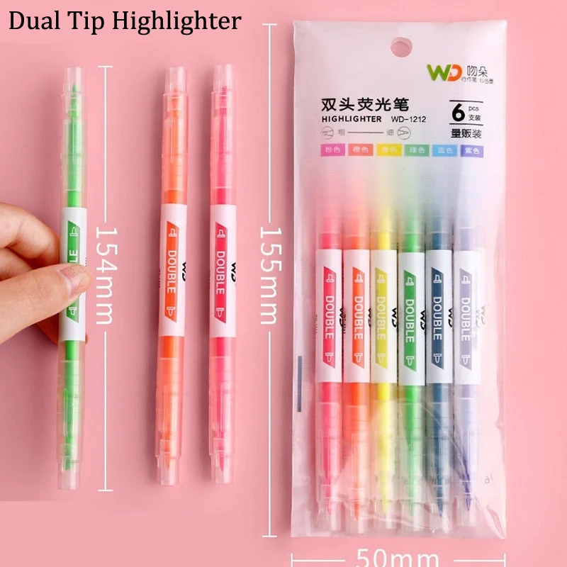 6 Colors Dual Tip Highlighter Pen Candy Juice Color Cute Highlight Kawaii Highlighters Pen Student Stationary School Supplies