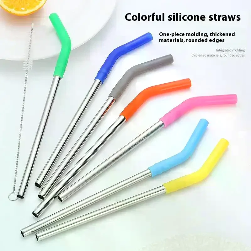 Long Metal Straw With Silicone Tips Cleaning Brush Stainless Steel Drinking Straw With Covers