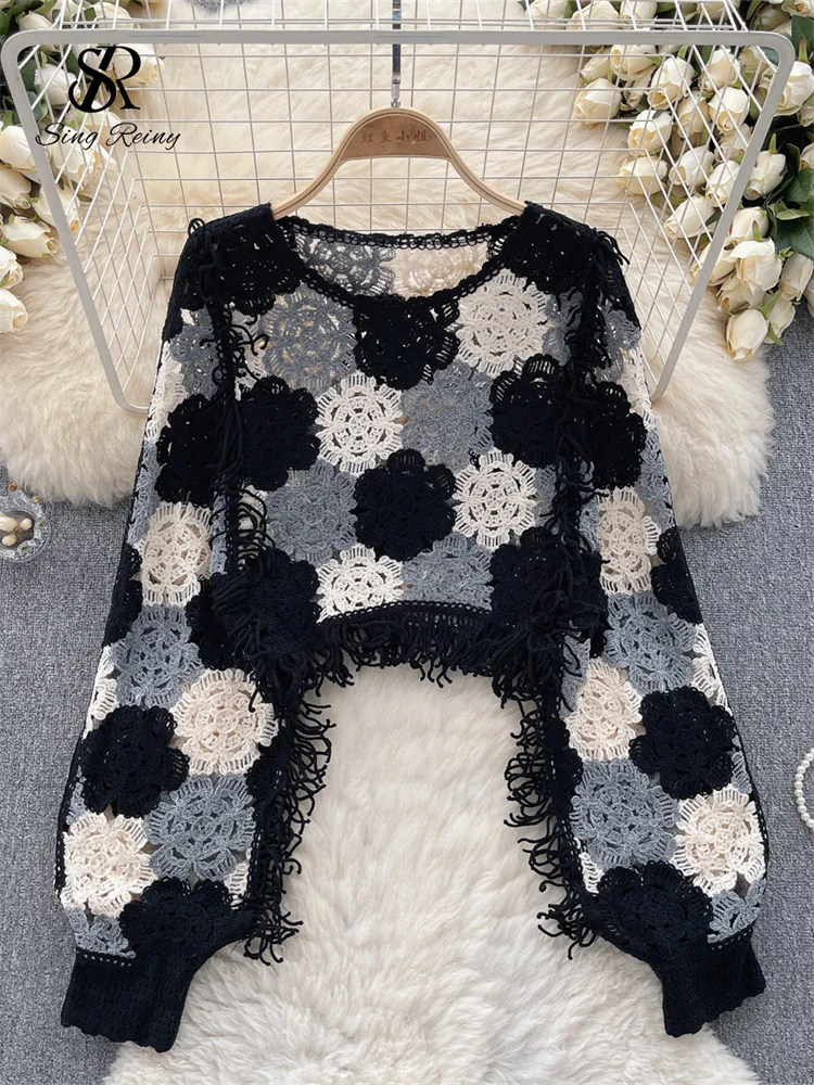 SINGREINY Tassels Knit Hollow Out Tops Hook Flower Long Sleeves Women Streetwear Fashion Chic Bohemian Y2k Vintage Loose Blouse