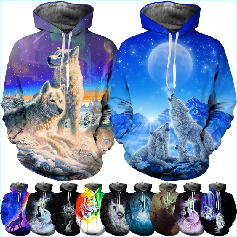 New Fashion Casual Hip Hop Streetwear Sweatshirts Men Women 3D Print Wolf Couples Hoodies