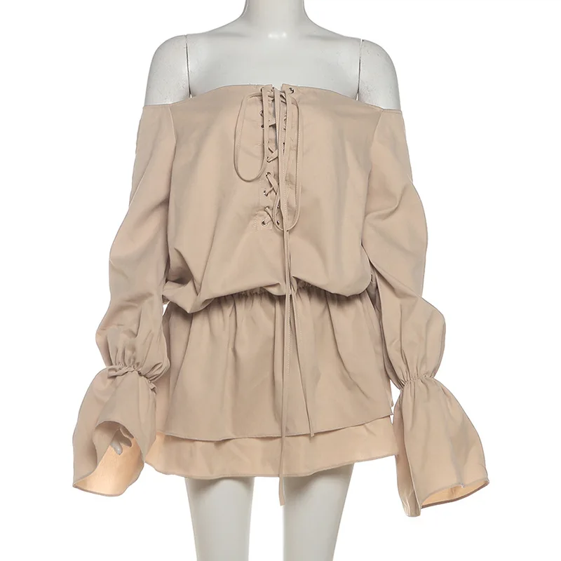 Abito da ballo da donna autunno kaki sexy con spalle scoperte manica a campana piena con lacci corto mini abito da festa abito da compleanno formale casual quotidiano