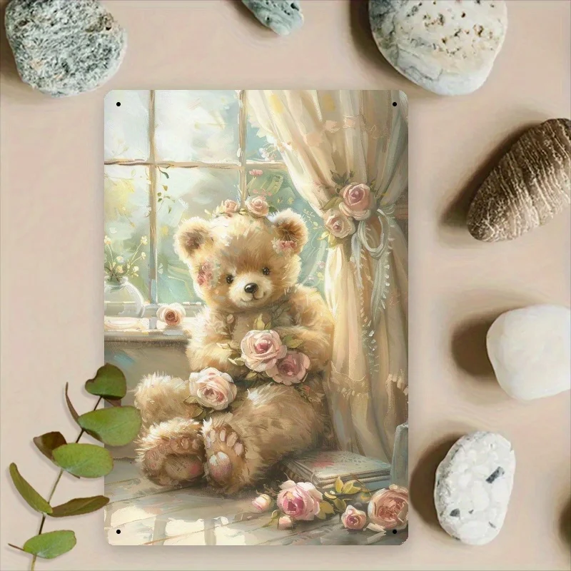 Vintage Floral and Plush Teddy Bear Metal Wall Art - 8x12 Inch Iron Sign for Living Room, Bedroom, or Porch Decor, Bear Home Dec