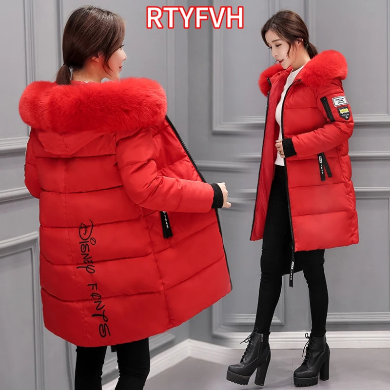 2024 Winter Jacket Women Parka Big Fur Collar Hooded Thick Warm Long Female Coat Casual Outwear Down Cotton Jacket Parkas