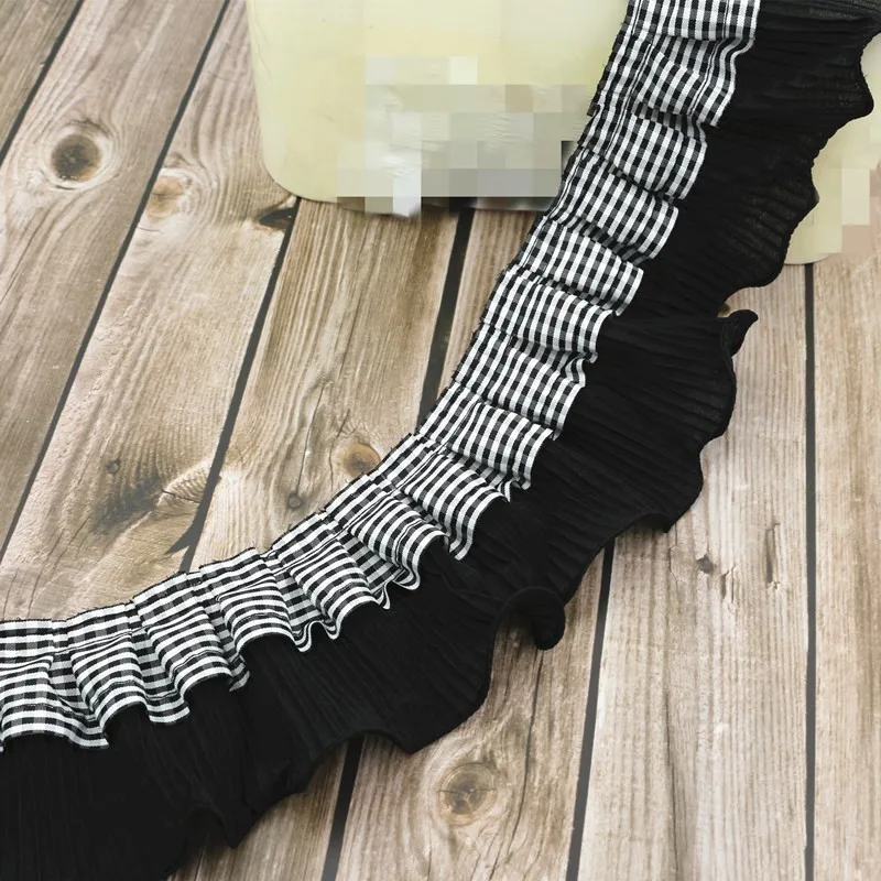 9CM Wide White Black Plaid Elastic Chiffon Ruffle Crinkled Lace Fabric Frilled Needlework Fringe Ribbon DIY Sewing Guipure Decor