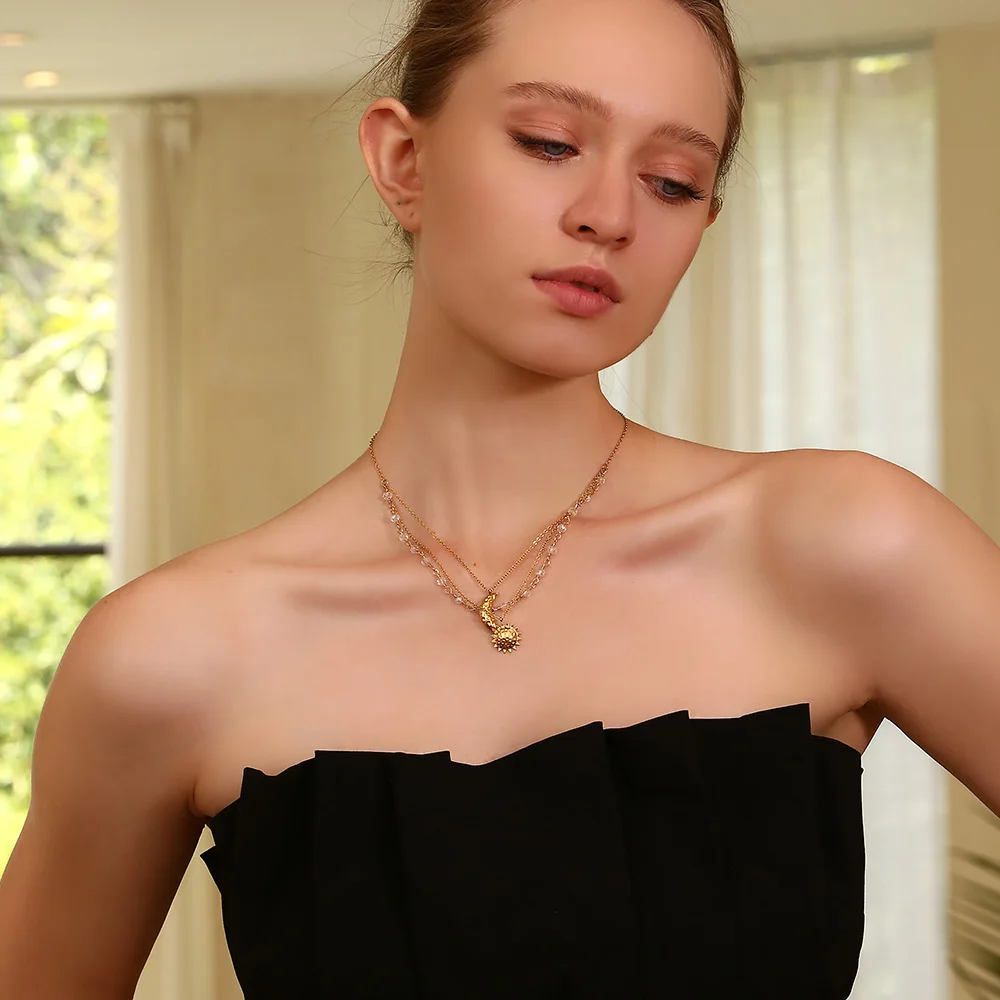 E.B.belle New Exquiste Three Layers Crystal Chain Hammered Moon Sun Pendant Necklaces Girls Waterproof Stainless Steel Jewelry