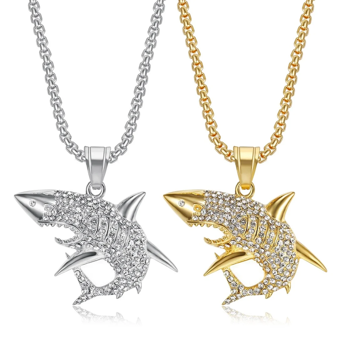 

Hip Hop Iced Out Shark Fish Pendant Gold Silver Color Stainless Steel Zirconia Ocean Animal Necklace for Woman Man Jewelry Gift