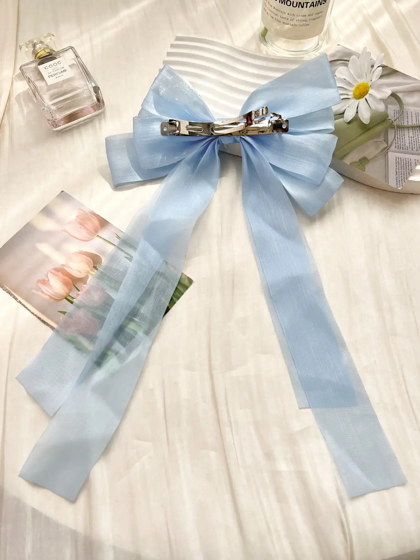 1 Stück blauer Satin, extra langes Band, Haarschleife, Haarschmuck für Frauen und Mädchen, Seiden-Haarspangen, Haarspange für dickes, dünnes Haar – Detail 3
