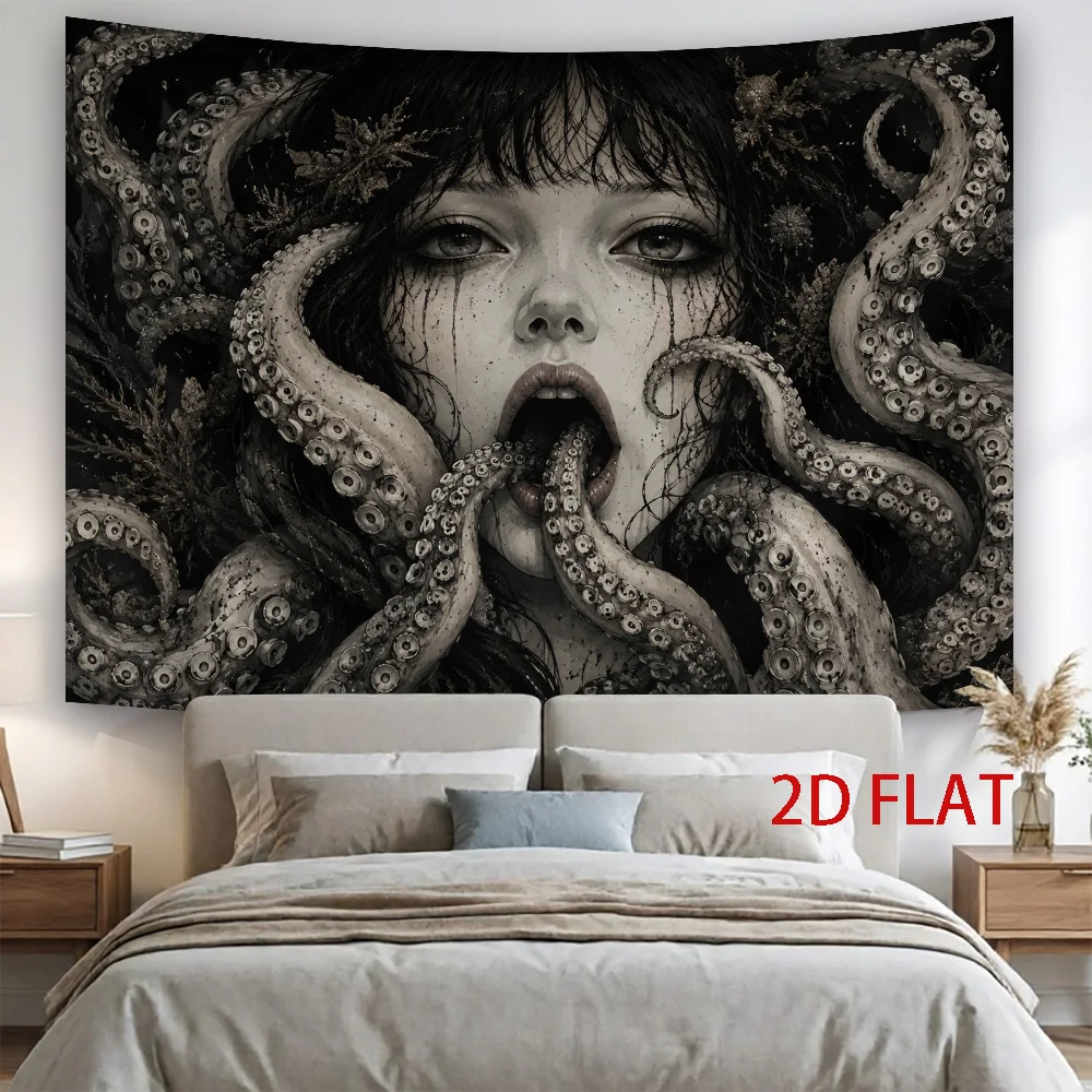 Octopus Siren Girl Tapestry, Gothic Woman With Tentacles Vintage Dark Print Wall Hanging for Bedroom Living Room Dorm Home Decor