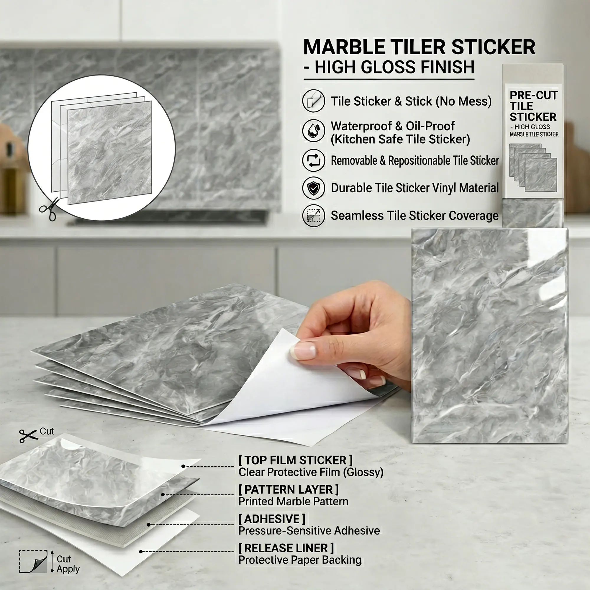 

IXPE Marble Wall Decal Thickened Imitation Ceramic Waterproof Self-Adhesive Marble Sticker Peel and Stick for Kitchen Bathroom