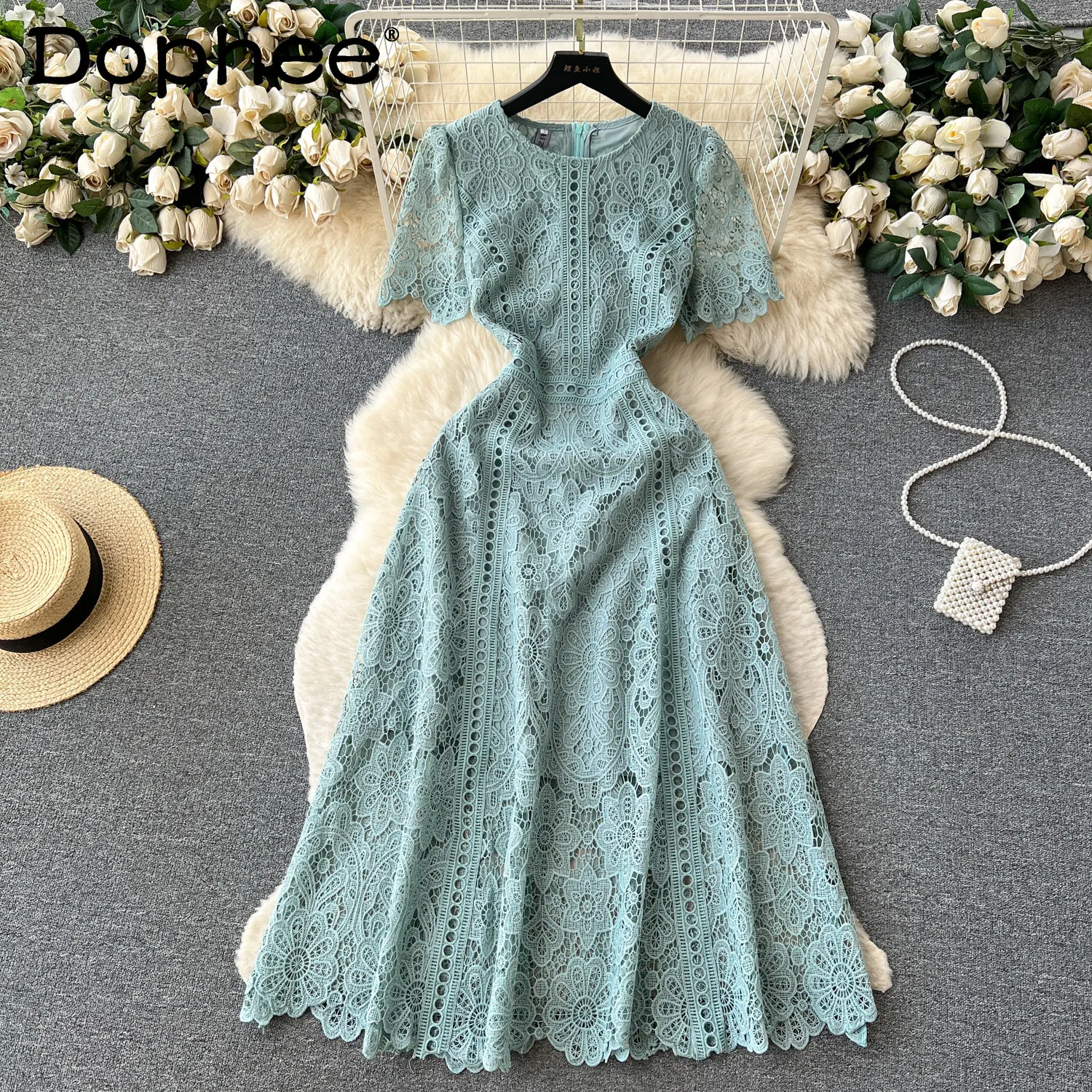 

Korean Version Retro High-end Round Neck Lotus Leaf Sleeve Lace Dress for Women's 2026 Summer New Temperament Elegant Long Dress