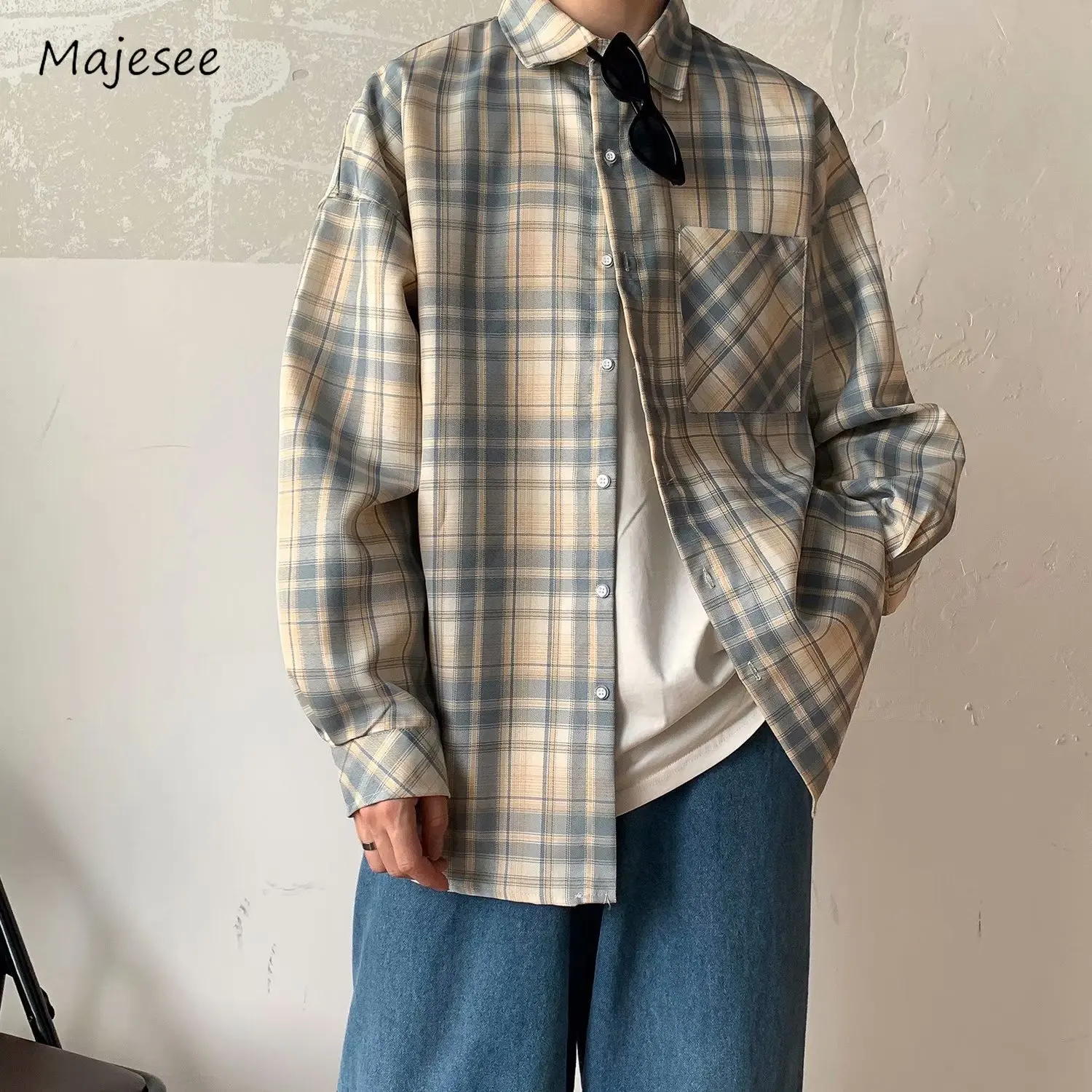 

Plaid Jackets Men Cozy Vintage High Street Unisex All-match Loose Harajuku Autumn Streetwear Hip Hop Hot Sales Pocket Design BF