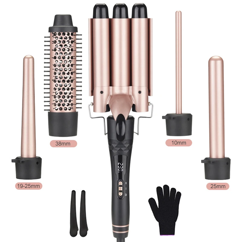 5 in 1 Interchangeable Curling Iron Curl Wand Curling Set LCD Display Private Label Hair Curler Roller Hot Brush Comb Tools
