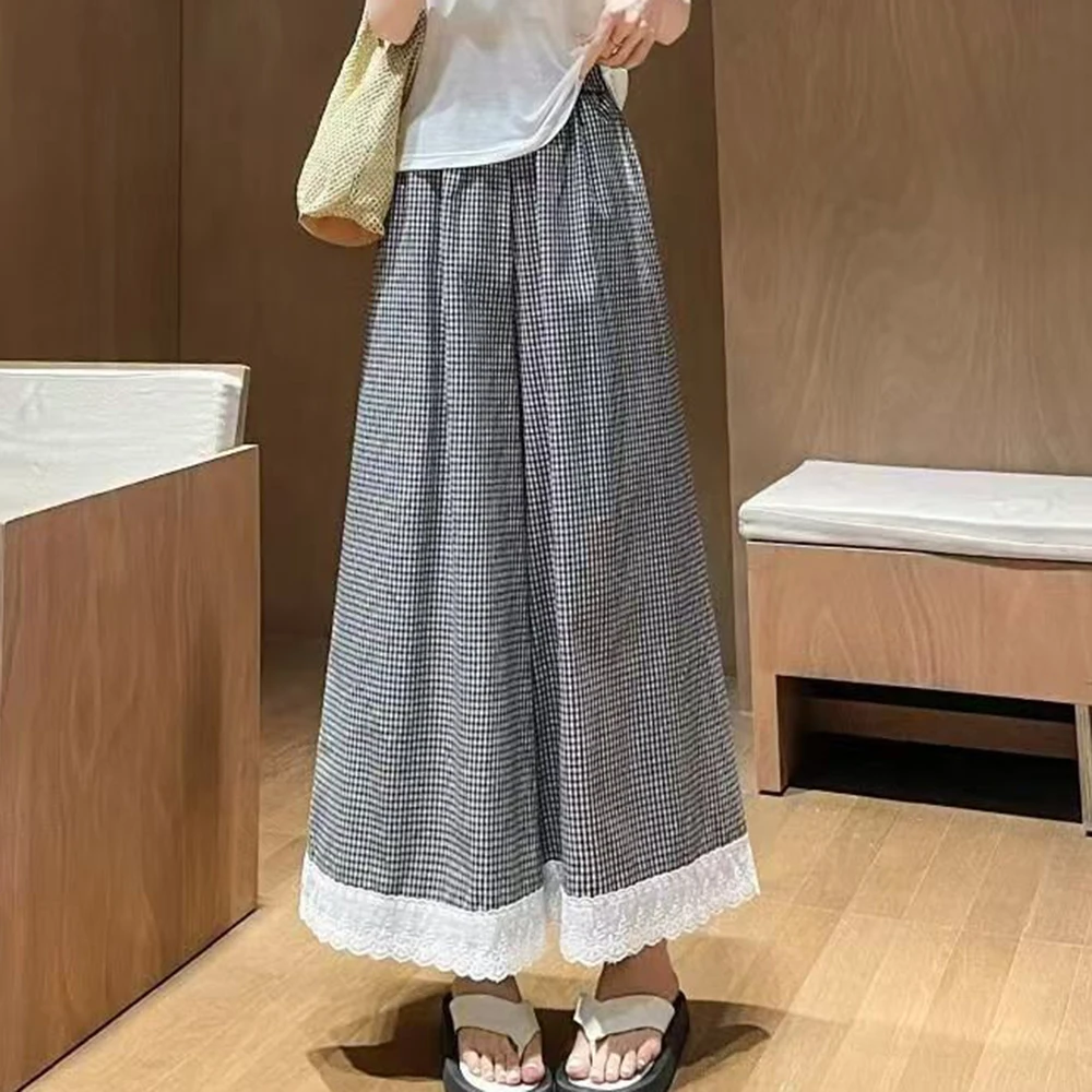 Fashion drape plaid lace splicing wide-leg pants women's summer 2025 new high-waisted loose drape casual pants