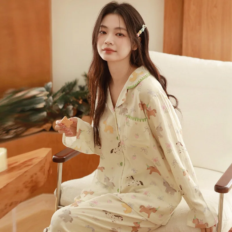 

Весенне-осенние женские пижамы из чистого хлопка и марли, повседневная верхняя одежда с милым принтом пони из мультфильма, комплект домашней одежды из хлопка