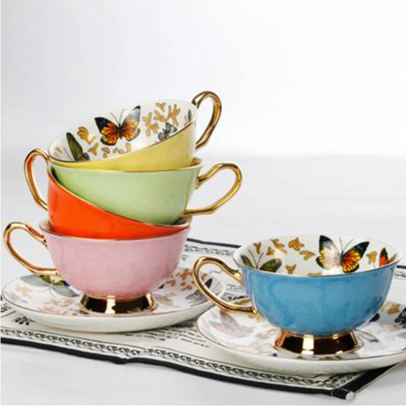 

Coffee cups Porcelain High-quality Butterfly Flower Teacup & Saucer Set British Afternoon Tea time Ceramic Cup Office Drinkware