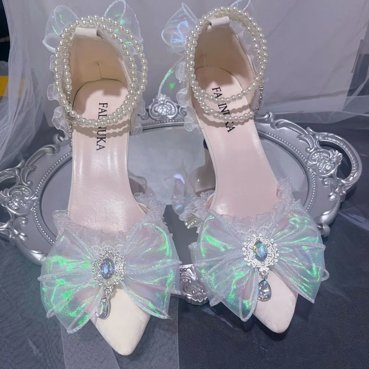 pointed toe white bridal wedding shoes Lolita heels y2k heeks bow coming-of-age ceremony party shoes for ladies high quality