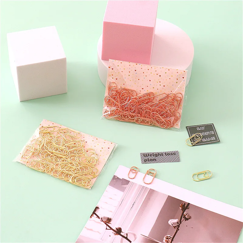 50pcs /bag the mini heart gold rose gold Color Clip Bookmark Metal paper Clips