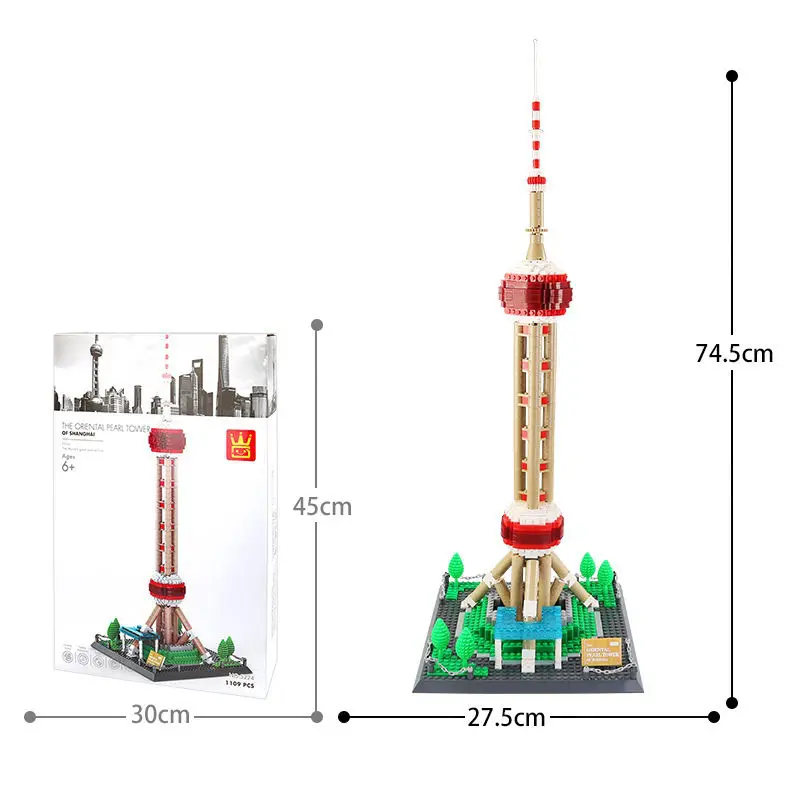 オリエンタルパールTVタワービルディングブロックセット、アーバンモデルおもちゃ、小さな粒状構造キット、建築シリーズ、1109個