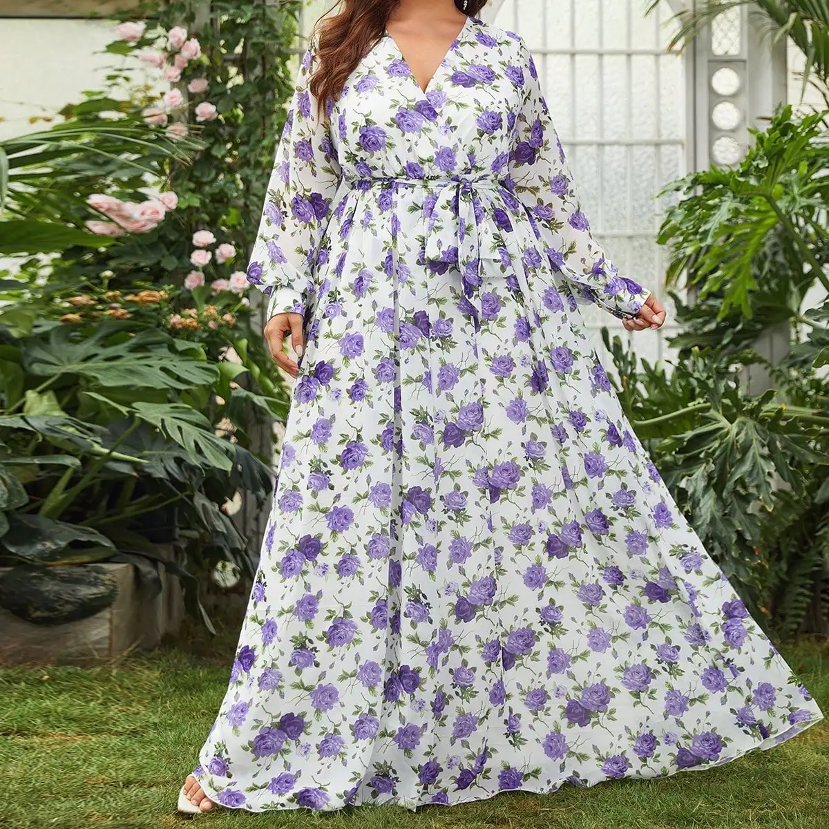 Vestido de gasa con estampado Floral, manga acampanada y cuello redondo, talla grande