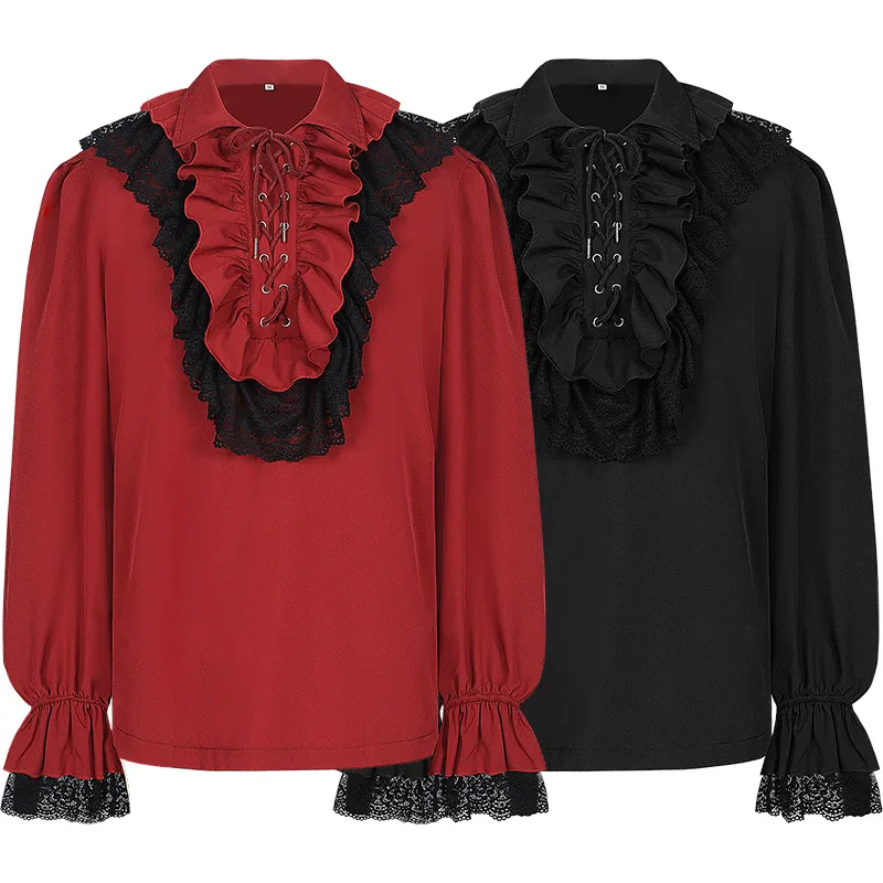 

Euro-American Ins Net Red Personality Lace Palace Shirt for Men and Women, Ruffled Collar Drawstring Long-sleeved Camisas