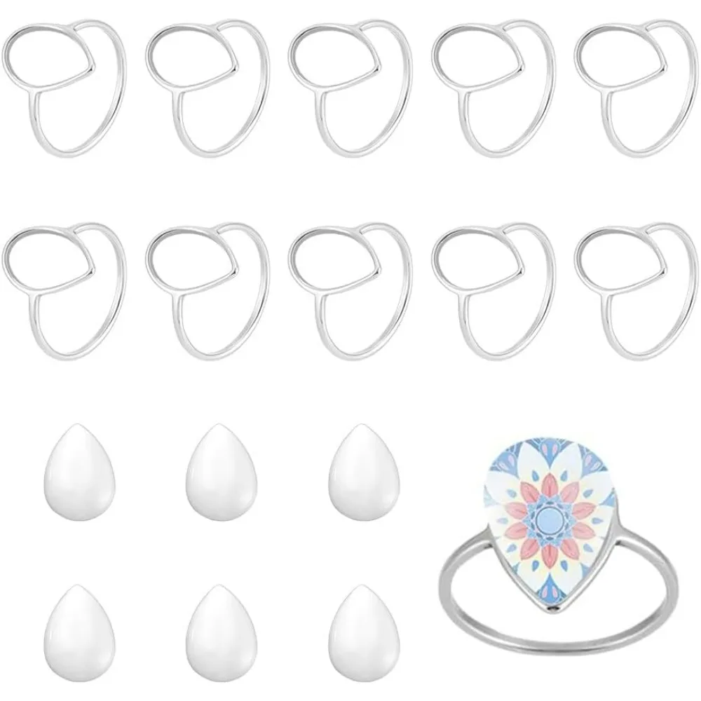 

10 Set Cabochon Ring Teardrop Blank Rings Pad Ring Settings Bases Ring Rings with 10pcs Glass Cabochons Base Bezel