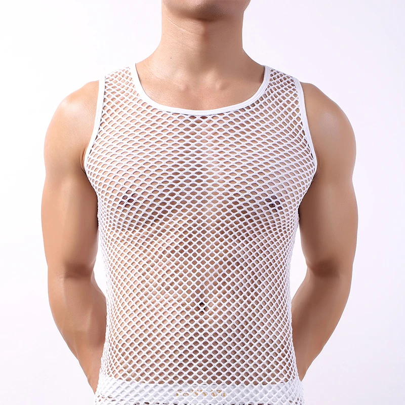 

Sexy Fishnet Mens Undershirts Sleepwear Mesh Transparent Tank Tops Camiseta Sleeveless Shirts Fitness Casual Slip Homme Tops Tee