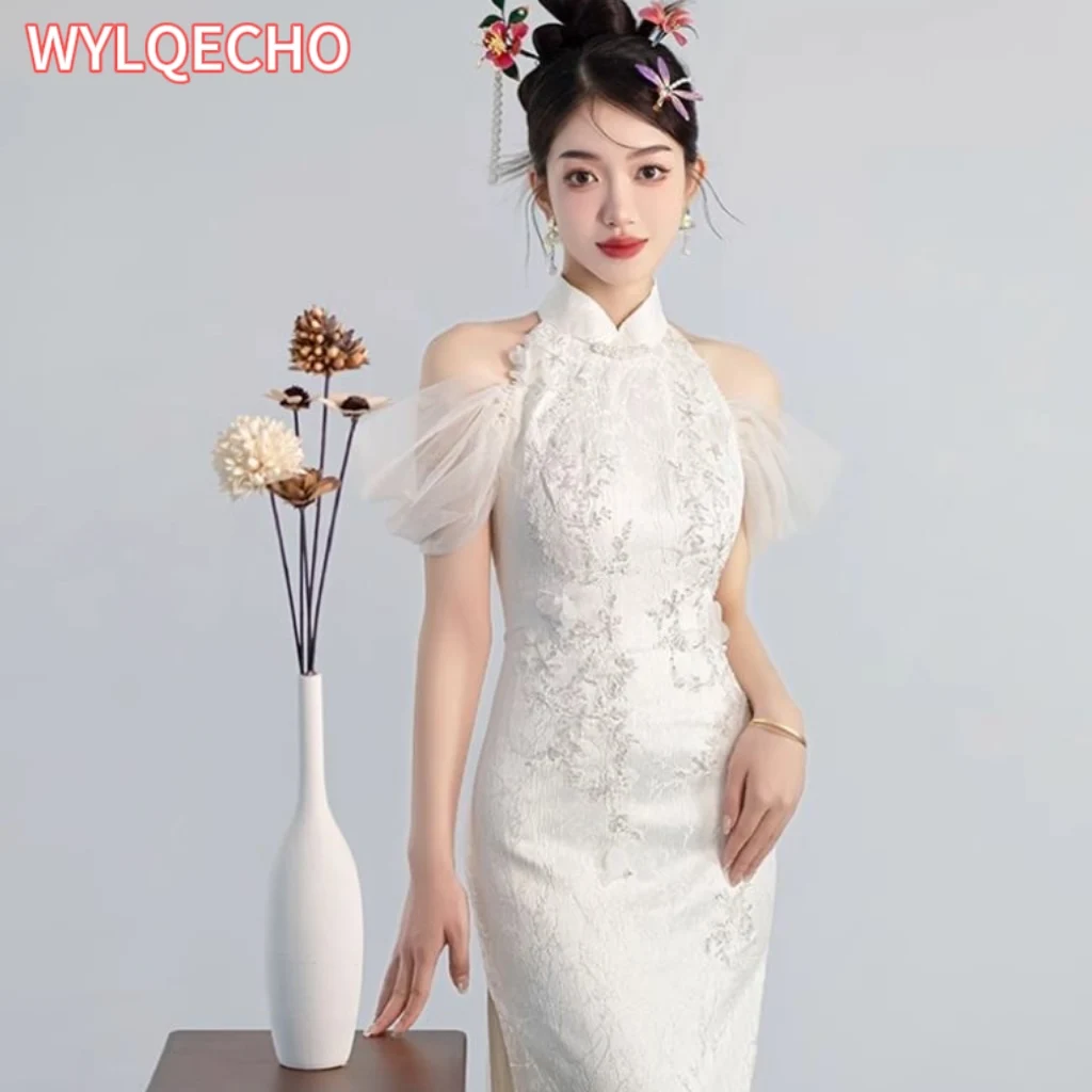 

Chinese Style Bride White Lace High Split Cheongsam Wedding Party Qipao Retro Slim Dress Marriage Gown Vintage Toast Clothes