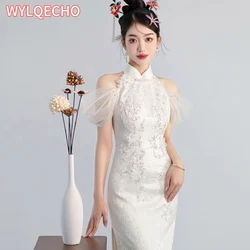 Chinese Style Bride White Lace High Split Cheongsam Wedding Party Qipao Retro Slim Dress Marriage Gown Vintage Toast Clothes