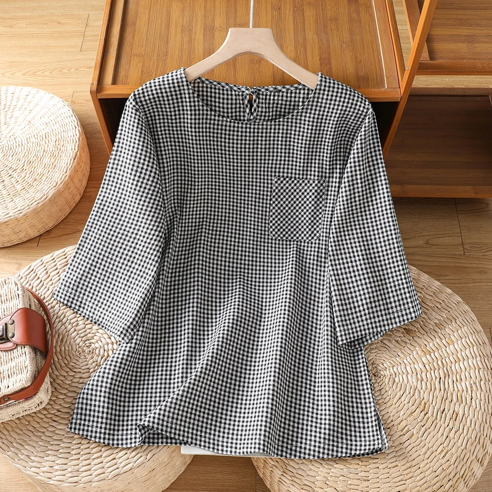 Retro Artistic Color Woven Cotton Linen Loose round Neck Pullover Women's Top Slimming Versatile Casual T-Shirt Summer Wear