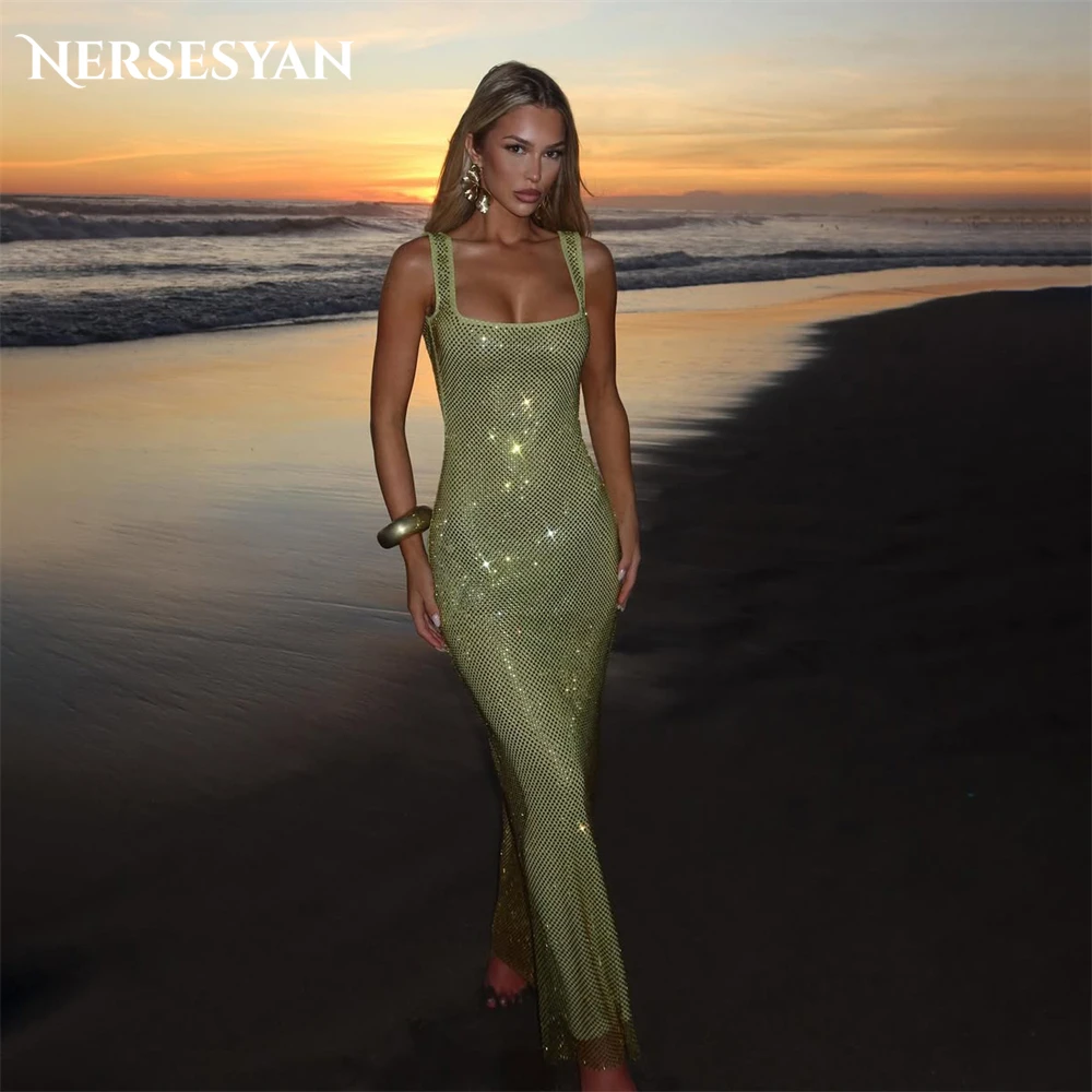 

Nersesyan Mini Green Glitter Evening Dresses Square Collar Sequins Sleeveless Formal Dress Backless Shiny Party Gowns Customized