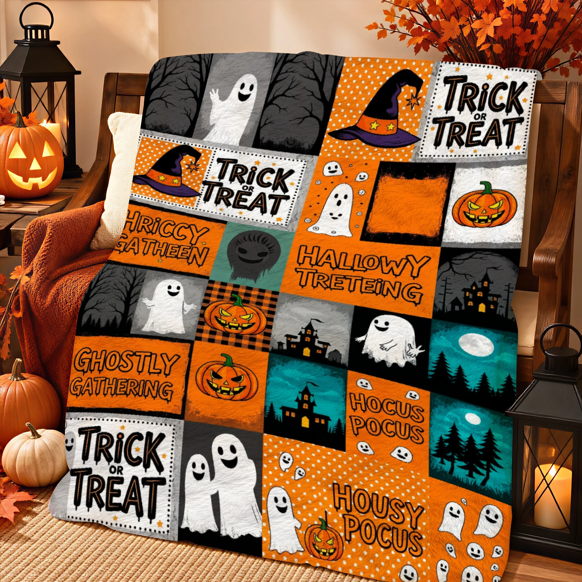 1pc 2D Printed Halloween Patchwork Quilt Throw Blanket, Trick or Treat Ghosts Pumpkins Witches Haunted Houses Pattern, Soft Warm