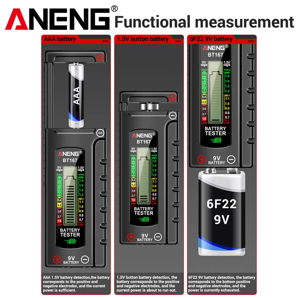 ANENG BT167 Battery Tester LCD Display C AA AAA D 9V 1.5V Universal Button Cell Detector Volt Test Checker Power Diagnostic Tool