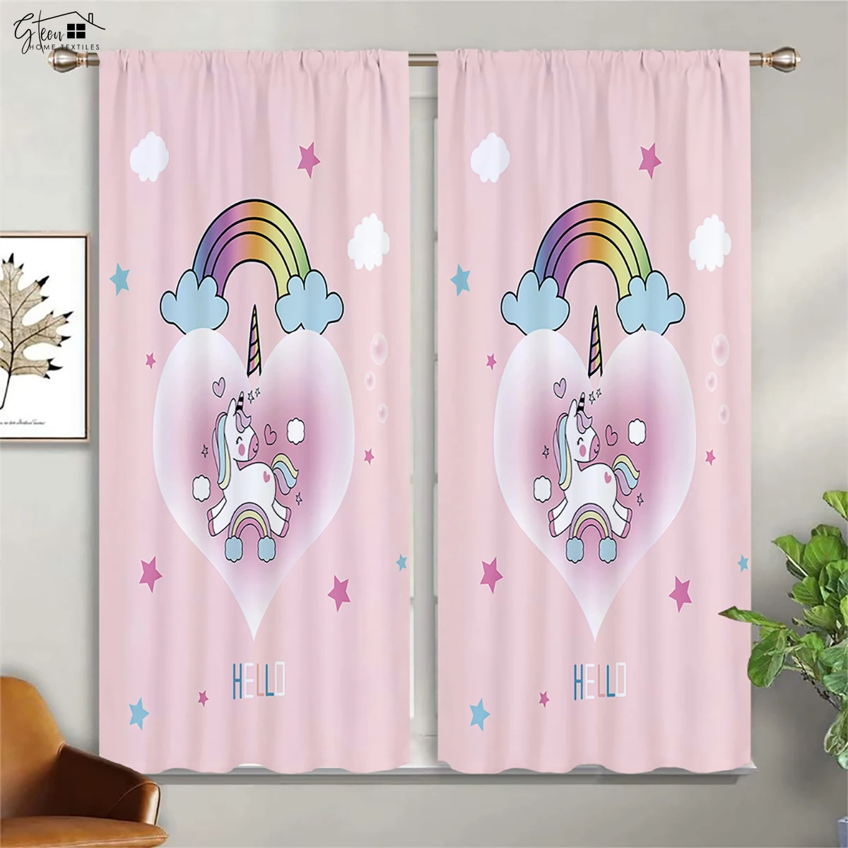 Colorful Rainbow Unicorn Cartoon Print Curtains For Children's Room Living Room Study Kitchen Window Decoration Curtains 2 PCS