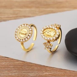 Nidin New Retro Round/Oval Shape Virgin Mary Charm Open Rings Adjustable For Women Men Shine Zircon Finger Jewelry Accessories