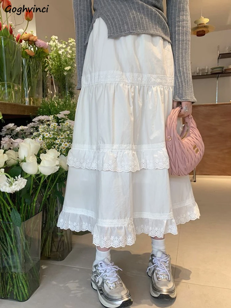 White Midi Skirts for Women Sweet Lace Tender Chic Teens Autumn Winter High Waist Korean Fashion Tiered Skirt Aesthetic Students